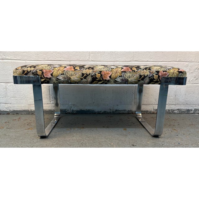 Mid-Century Modern Mid 20th Century Milo Baughman Style Floral Upholstered Chrome Bench For Sale - Image 3 of 9