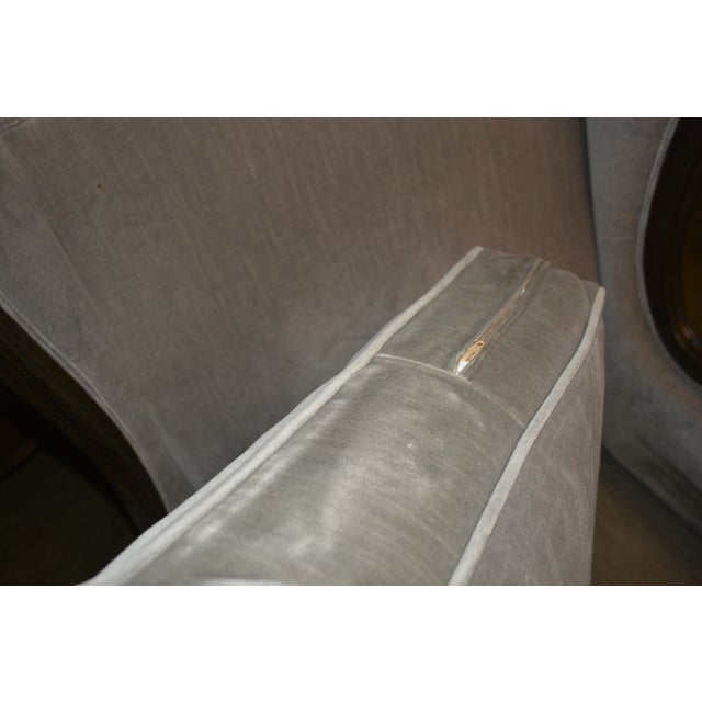 Restoration Hardware Pair Lorraine Gray Velvet Wing Back Bergere Arm Chairs W/ Wood Surround For Sale - Image 9 of 17