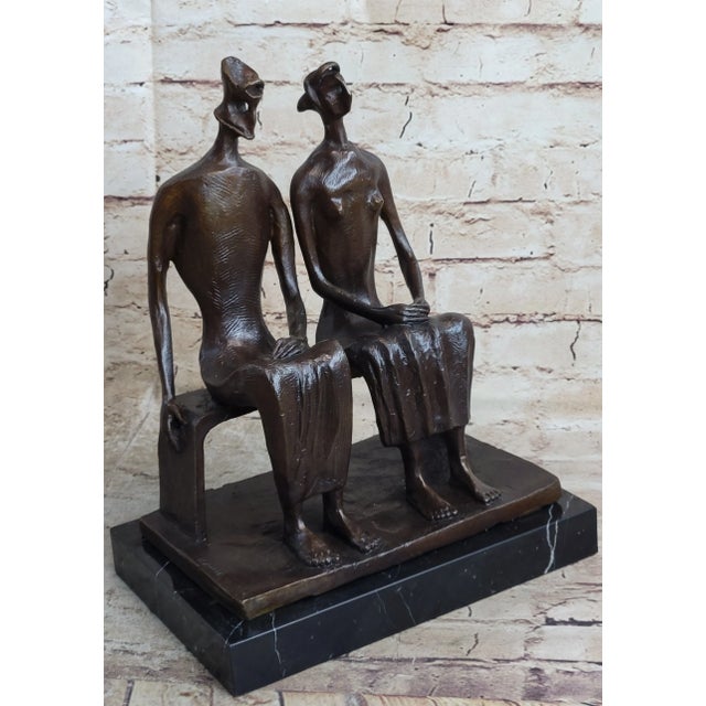 Abstract Mid 20th Century King and Queen by Henry Moore Abstract Surreal Man & Woman on Bench Statue Sculpture 12" x 9" For Sale - Image 3 of 10