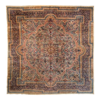 1920s Persian Square Rose Ivory Navy Blue Floral Kirman Rug For Sale