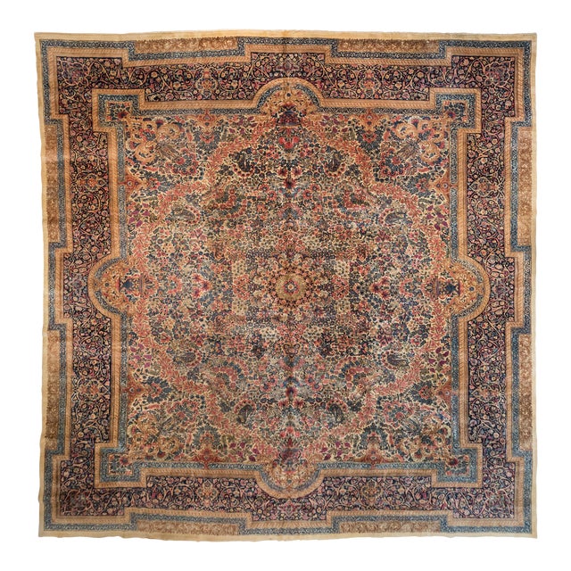 1920s Persian Square Rose Ivory Navy Blue Floral Kirman Rug For Sale