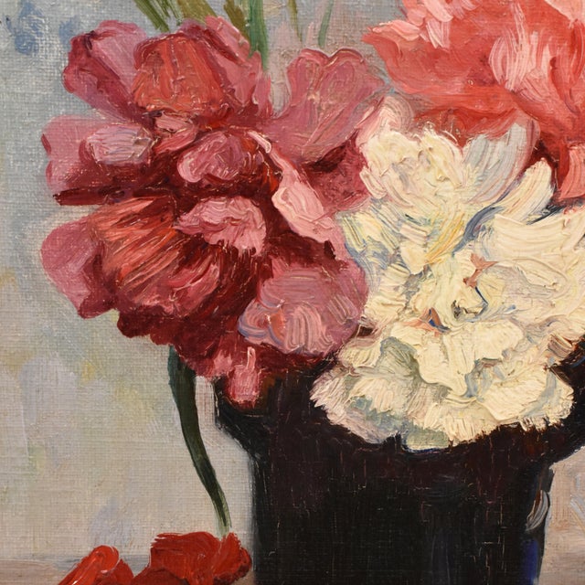 Léon Laurent Galand, Still Life Flowers Vase Carnations, 1920s, Oil on Canvas For Sale - Image 4 of 11