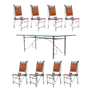 Brutalist Ilana Goor Style Iron & Glass Dining Set, Table & 8 Leather Chairs - Set of 9