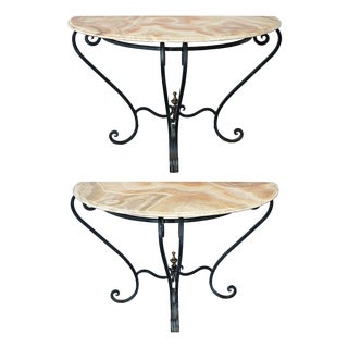 Early 20th Century French Pair of Onyx & Iron Demilune Consoles For Sale