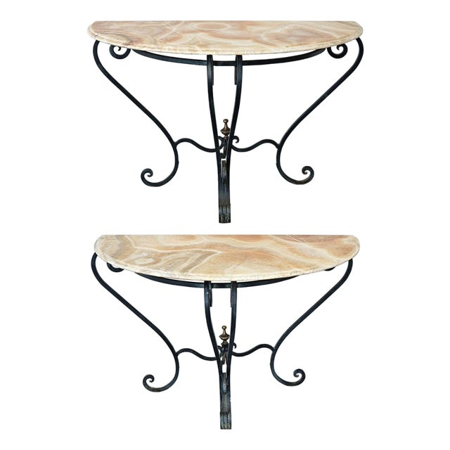 Early 20th Century French Pair of Onyx & Iron Demilune Consoles For Sale