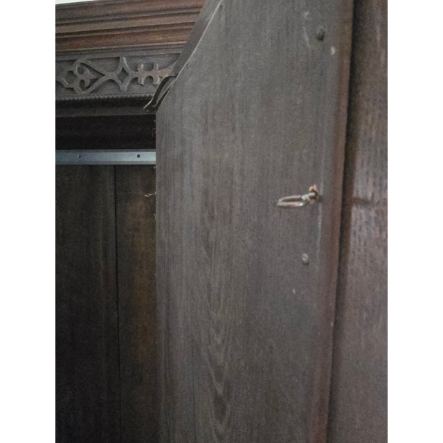Antique Victorian Gothic Revival Armoire 19th Century, Handcarved Oak For Sale - Image 14 of 17