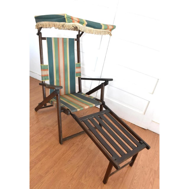 Early 20th Century Antique Folding Striped Lawn Chair With Canopy For Sale - Image 5 of 13