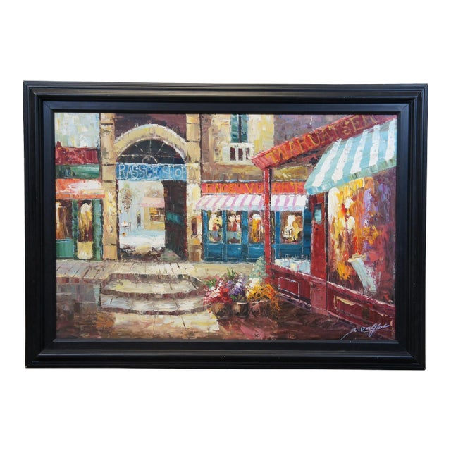 Late 20th Century Impressionist Paris Cityscape Street Scene Oil Painting by Douglas Framed 42" For Sale