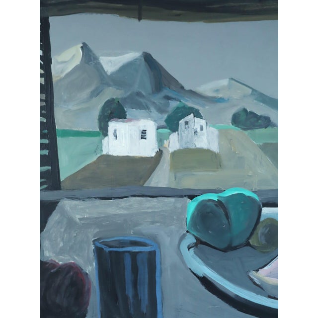 Mid-Century Modern 'Still Life With Mountain View' Vintage Original Interior Oil Painting, Framed For Sale - Image 9 of 13