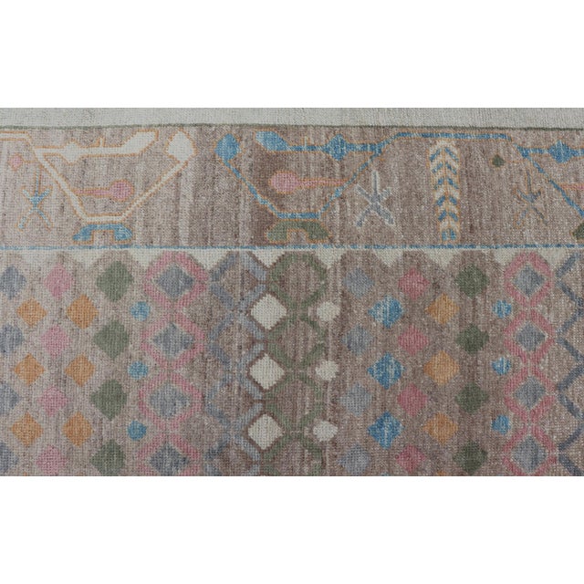 Tribal Turkish Oushak Rug With Geometric Motifs in Soft Pastel and Olive Green For Sale - Image 4 of 15