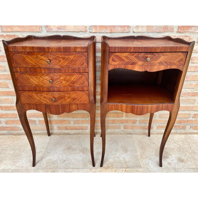 Brown Early 20th Century French Marquetry and Iron Hardware Bedside Tables or Nightstand, A Pair For Sale - Image 8 of 18