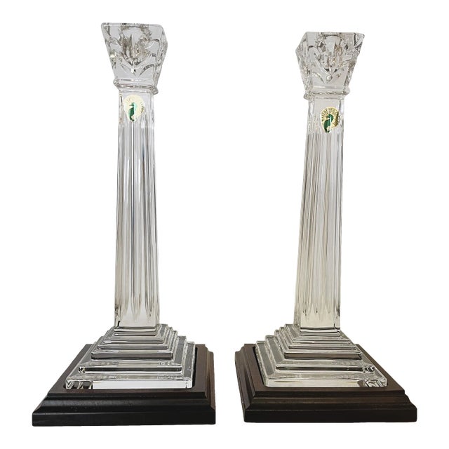 Waterford Crystal Candlesticks on Wood Plinths- a Pair For Sale