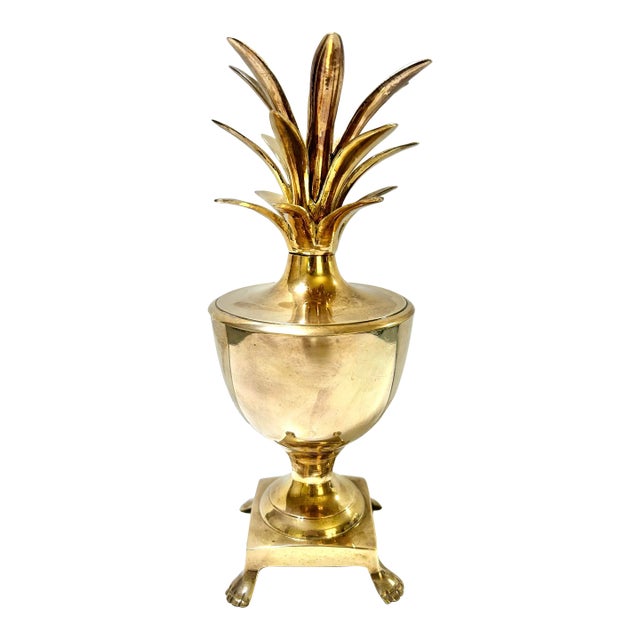 Hollywood Regency Brass Pineapple Lidded Urn – Vintage Brass Pineapple Decor For Sale