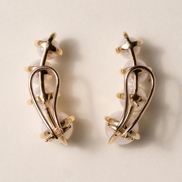 Vintage White Pearl Ear Climber Earrings 18k Yellow Gold, A Pair For Sale - Image 4 of 4