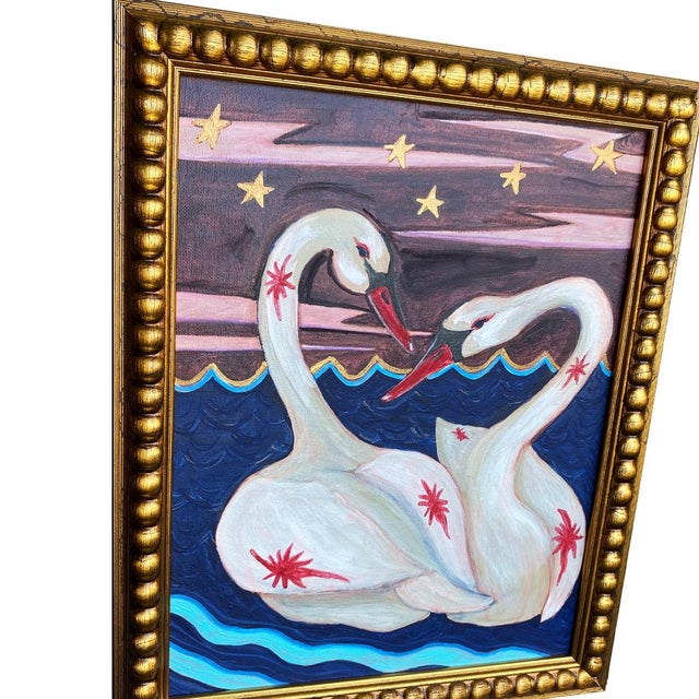 2020s Original Acrylic Swan Painting by Tatiana Duperault, Gilded Wood Frame, 13" X 16" For Sale - Image 5 of 6