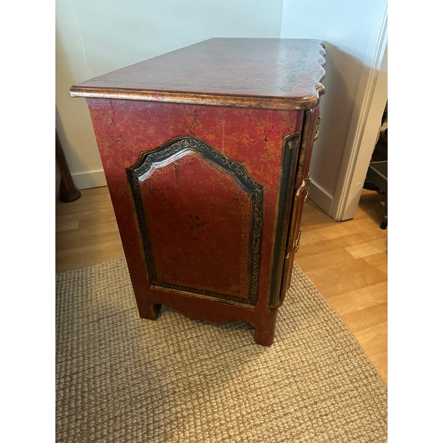 Wood Theodore Alexander Red Leather-Wrapped Serpentine Three-Drawer Chest With Gilt Decoration For Sale - Image 7 of 16