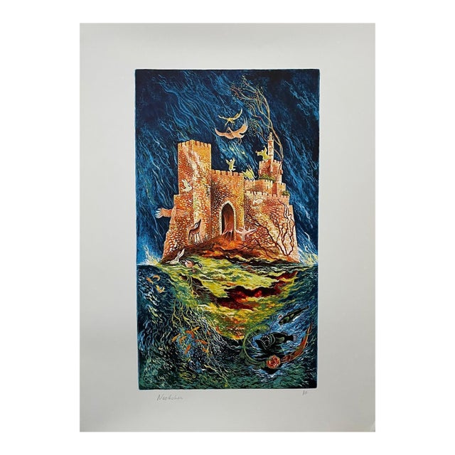 Baruch Nachshon, Large Baruch Nachshon Israeli Surrealist Color Lithograph Judaica Israel For Sale