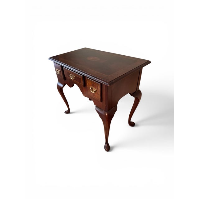 1980s Queen Anne Style Inlaid Mahogany Lowboy Table With Three Drawers For Sale - Image 4 of 6