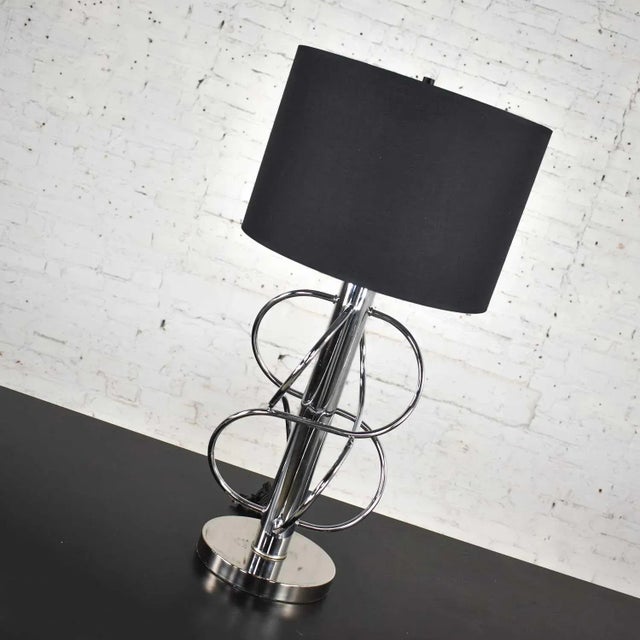 Vintage Mid-Century Modern Polished Chrome Table Lamp New Black Drum Shade For Sale - Image 4 of 13