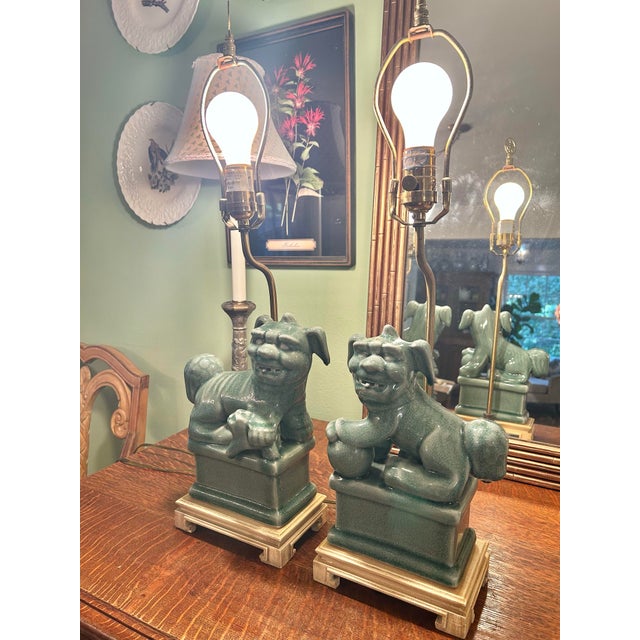 Chinoiserie Vintage Celadon Crackle Glaze Chinoiserie Foo Dog Lamps - A Pair For Sale - Image 3 of 15