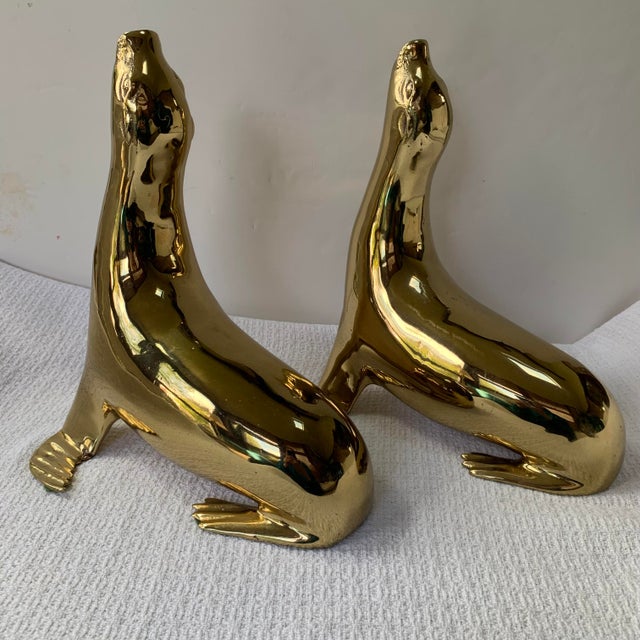 Sarreid Ltd. 1970s Solid Brass Sea Lion Bookends, Figurines, Sarried Ltd, Large 11” High For Sale - Image 4 of 16