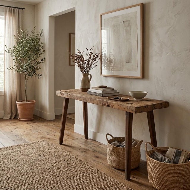 A striking antique console table crafted from a vintage butcher block, rich with character and utilitarian charm....