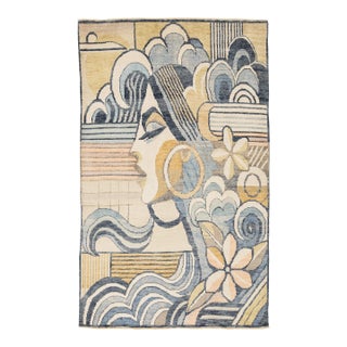 Art Deco Inspired Modern Portrait Rug – 5x9 Hand-Knotted Wool in Blue and Gold For Sale