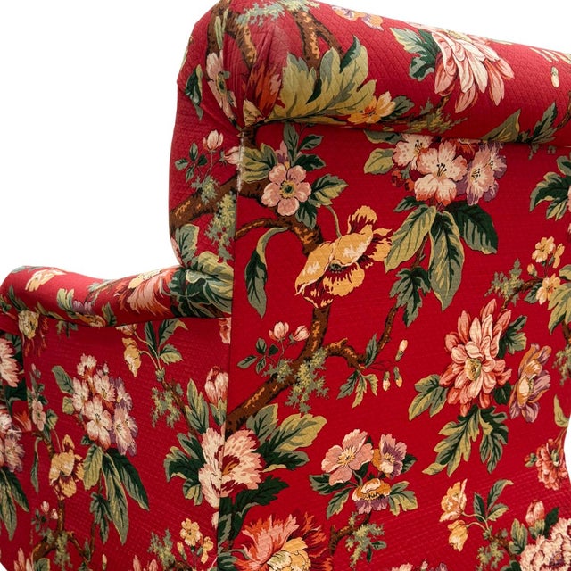 Late 20th Century Hickory Chair Sovereign Collection Red Floral Swivel Chairs - A Pair For Sale - Image 11 of 11