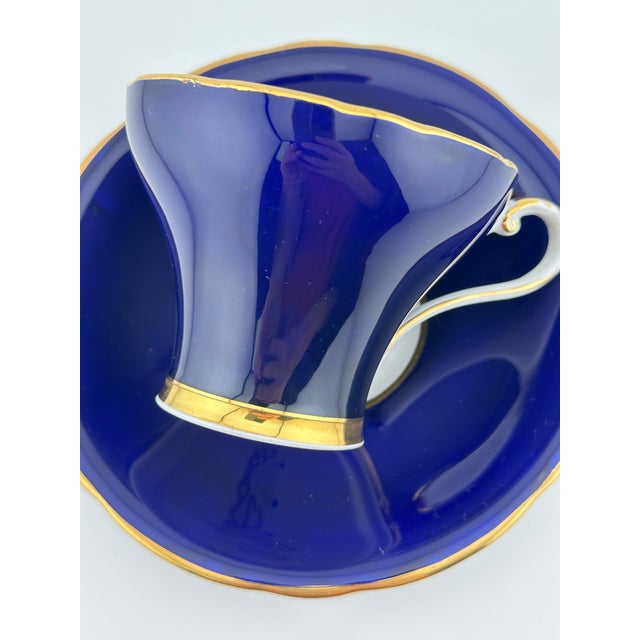 Aynsley Cobalt Blue Teacup and Saucer, Corset Shape W/ Cabbage Rose - 1930s For Sale In Boston - Image 6 of 10
