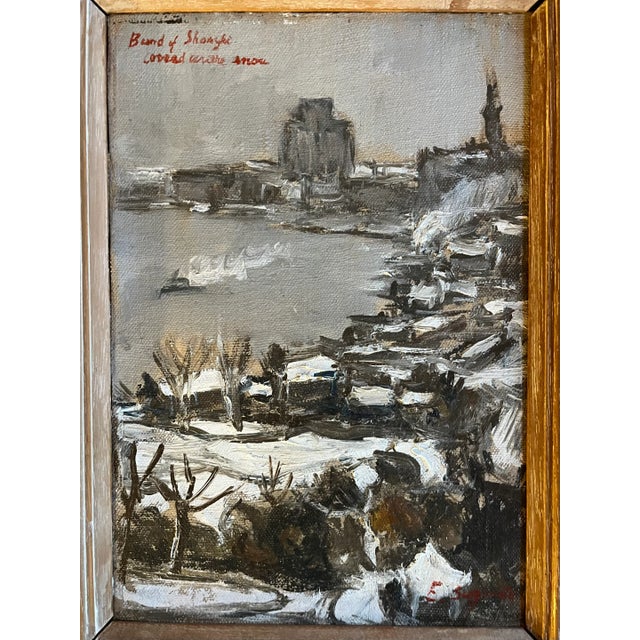 1930s 1930's Impressionist Winter Snow Scene Oil Painting on Canvas "Bund of Shanghai Covered With Snow" For Sale - Image 5 of 11