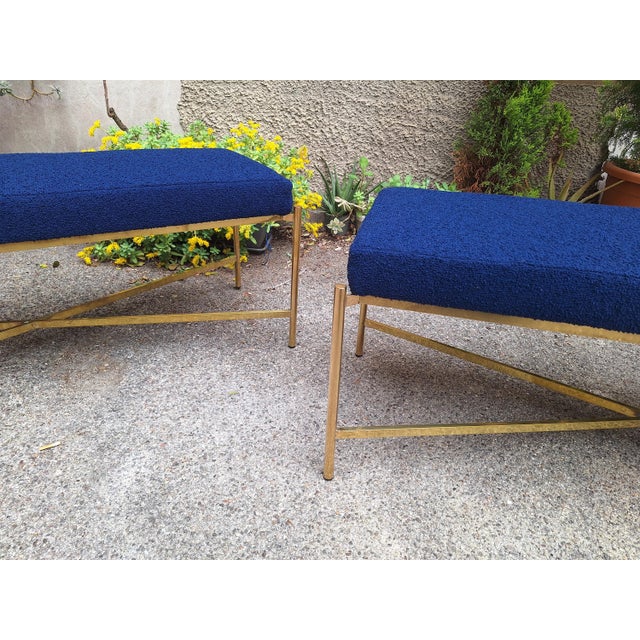 Benches in Brass and Electric Blue Fabric, 1990s, Set of 2 For Sale - Image 13 of 16
