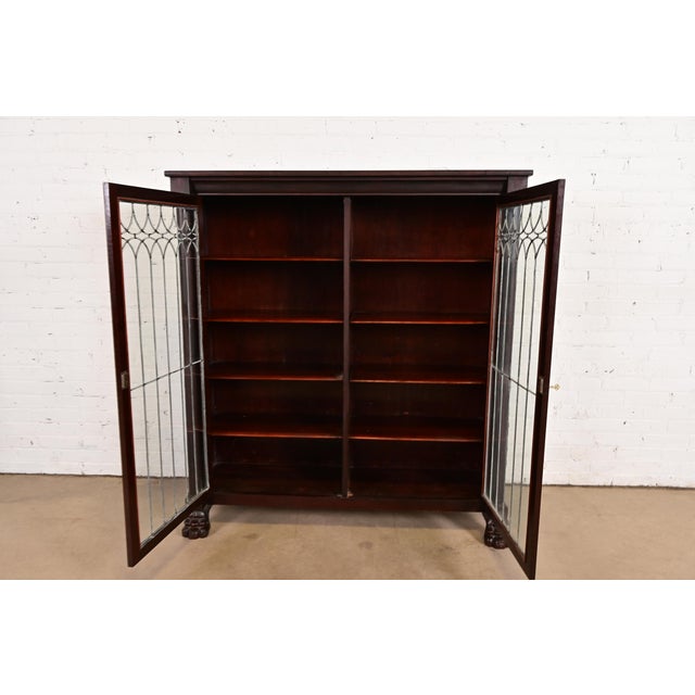 Late 19th Century R. J. Horner Style Antique American Empire Carved Mahogany Leaded Glass Front Double Bookcase Cabinet, Circa 1890s For Sale - Image 5 of 11