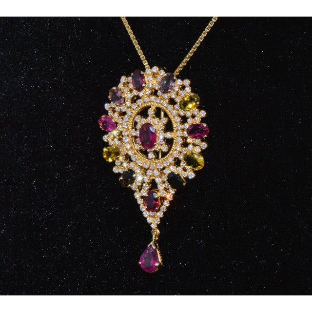 Certified Natural 10.46Cts VS G Diamond Multi Tourmaline 18K Gold Pendant Brooch For Sale In Dallas - Image 6 of 10