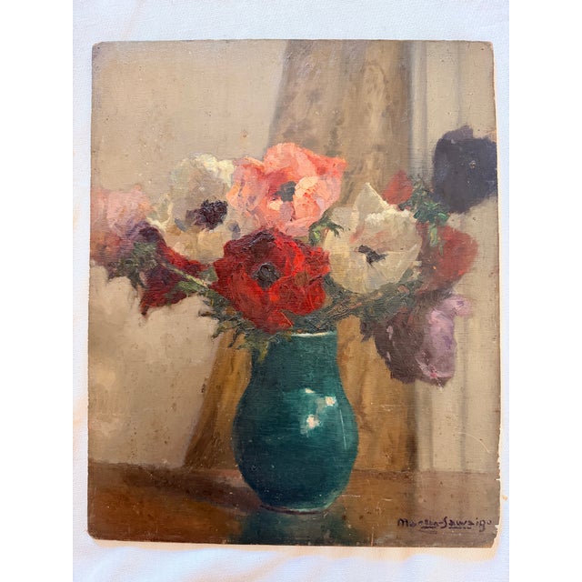 Bouquet of Anemones, Oil Painting on Panel, Signed Charles Martin-Sauvaigo 1966 For Sale - Image 4 of 12
