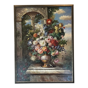 Extra Large Artist Signed Floral Still Life Oil Painting on Canvas, Framed