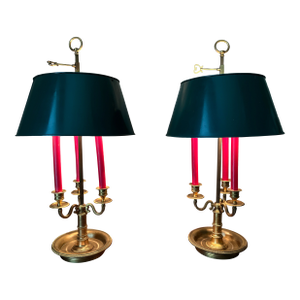 Late 19th Century Maison Millet Bronze Bouillotte Three Candelabra Lamps Forest Green Shades - a Pair