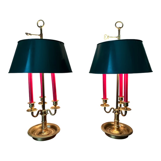 Maison Millet a Paris Bronze Bouillotte Late 19th Century With Three Candelabra Lamps Forest Green Shades - A Pair For Sale