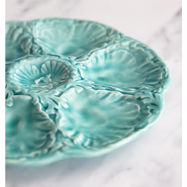 Gien Vintage French Gien Turquoise Majolica Oyster Plate For Sale - Image 4 of 7
