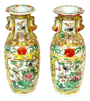 Pair of 19th Century Chinese Export Famille Rose Vases Gilt Foo Lion Handles