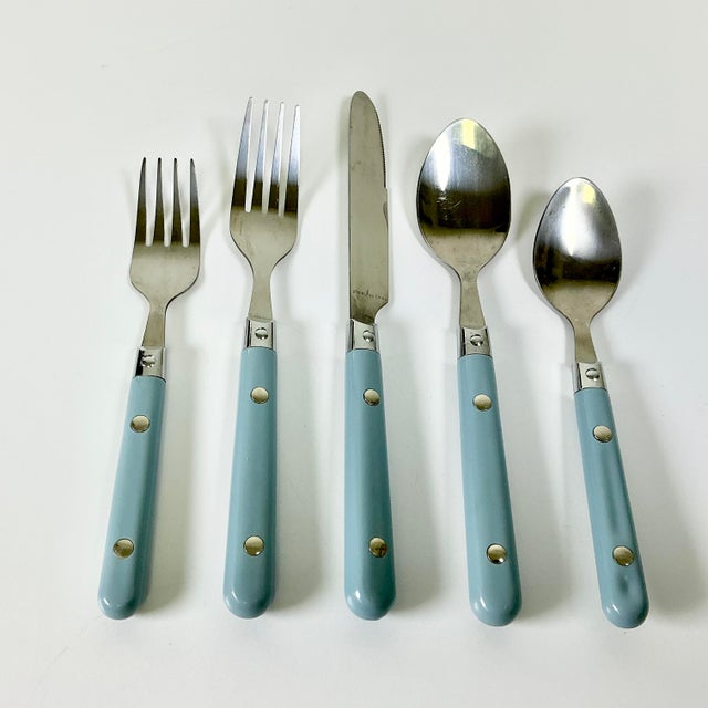 1970s Vintage Boho Chic Contemporary Stainless Steel French Blue Handle Flatware - Set of 20, Service for 4 For Sale - Image 11 of 11