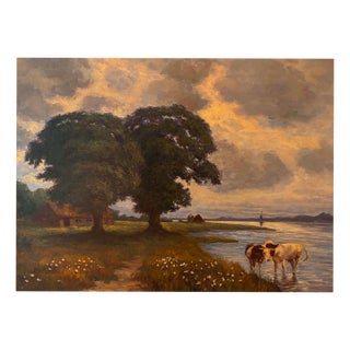 Pastoral Landscape with Cows by the Water, 20th Century, Oil on Canvas For Sale