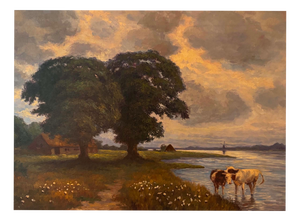 Pastoral Landscape with Cows by the Water, 20th Century, Oil on Canvas