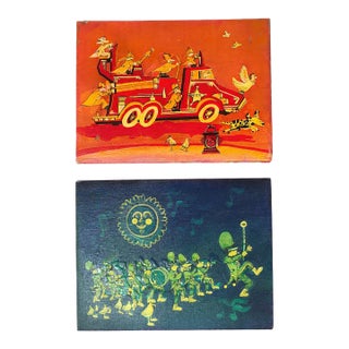 Pair of Vintage Post Modern Signed 1972 Whimsical Folk Paintings on Stretched Canvas – Fire Truck & Marching Band (Pair For Sale