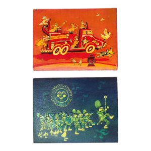 Pair of Vintage Post Modern Signed 1972 Whimsical Folk Paintings on Stretched Canvas – Fire Truck & Marching Band (Pair