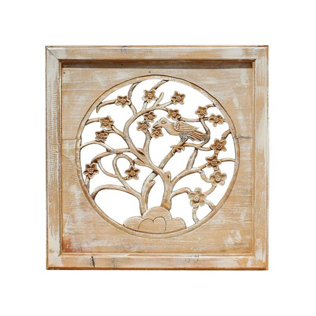 Wood Off White Wash Lacquer Chinese Birds & Flowers Square Wall Panel For Sale - Image 7 of 7