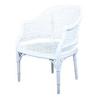 Faux Bamboo and Cane White Barrel Chair For Sale