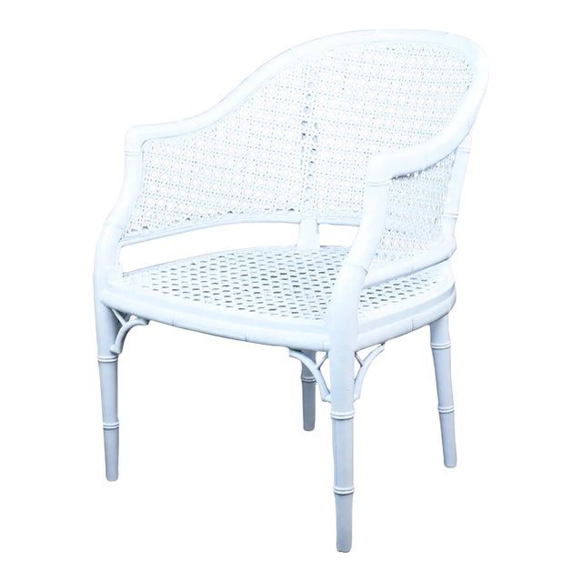 Faux Bamboo and Cane White Barrel Chair For Sale