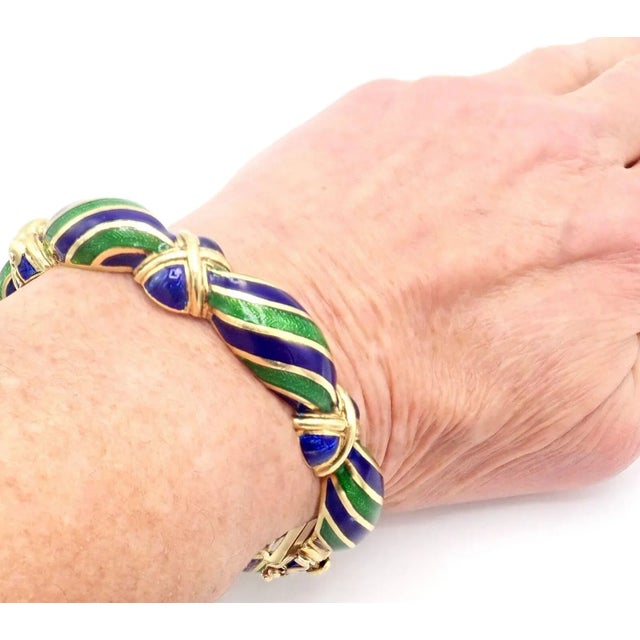 Authentic Vintage Tiffany & Co 18k Yellow Gold Green Blue Enamel Bangle Bracelet Metal: 18k yellow gold Length: 7.5"...