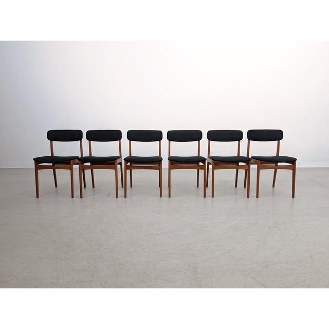 We are offering a beautiful and very rare set of six danish teak chairs from the 1960s for sale. Designed by n. & k....