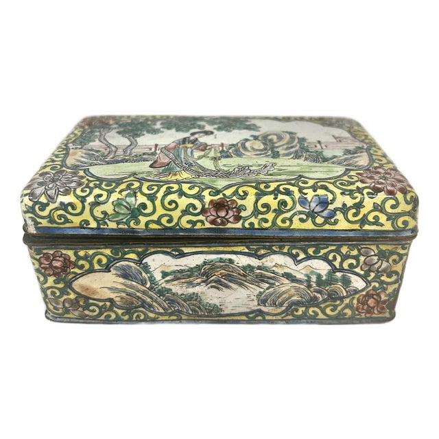 Early 20th Century Chinese Canton Enamel on Copper Figural Box With Qianlong Mark For Sale